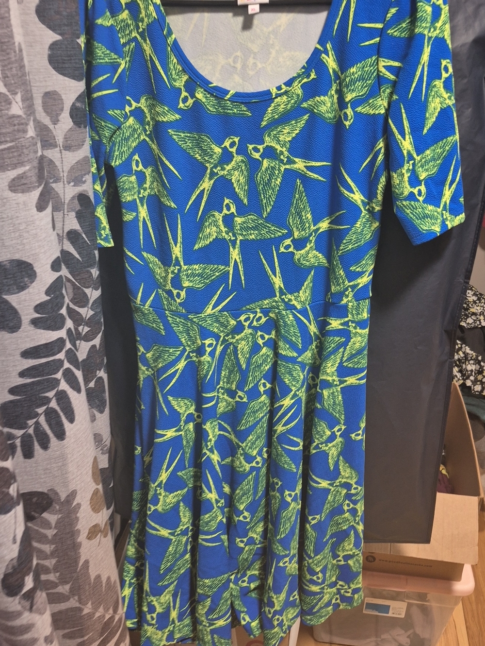 LuLaRoe  Nicole Blue Dress with Neon Green Bird Print